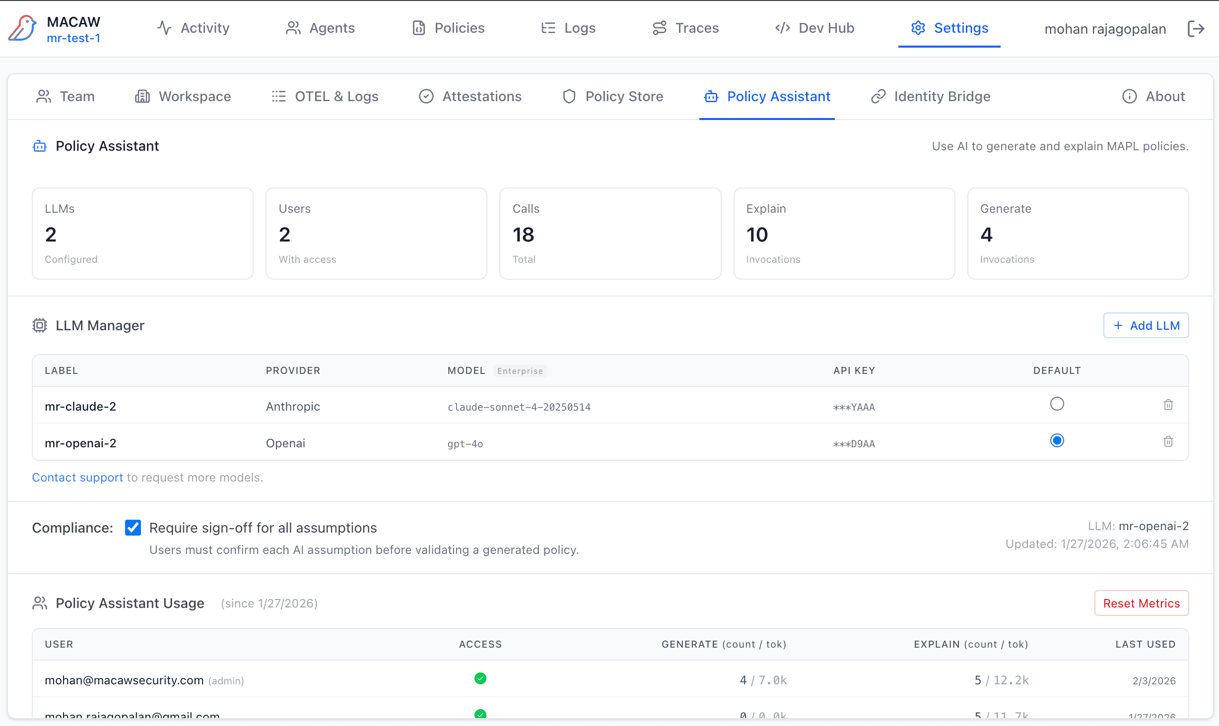 Policy Assistant Settings